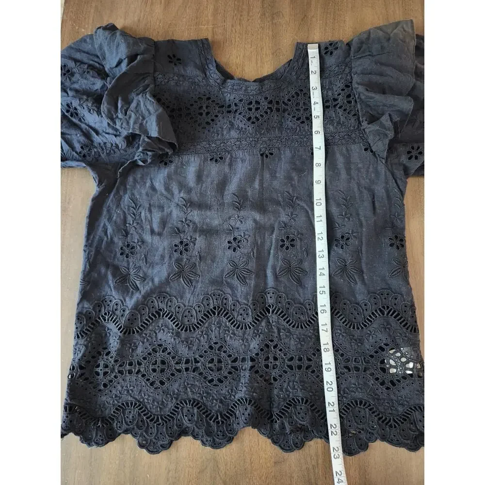 LoveShackFancy Tilda Eyelet Lace Black Blouse Puff Sleeves Ruffles Size Small